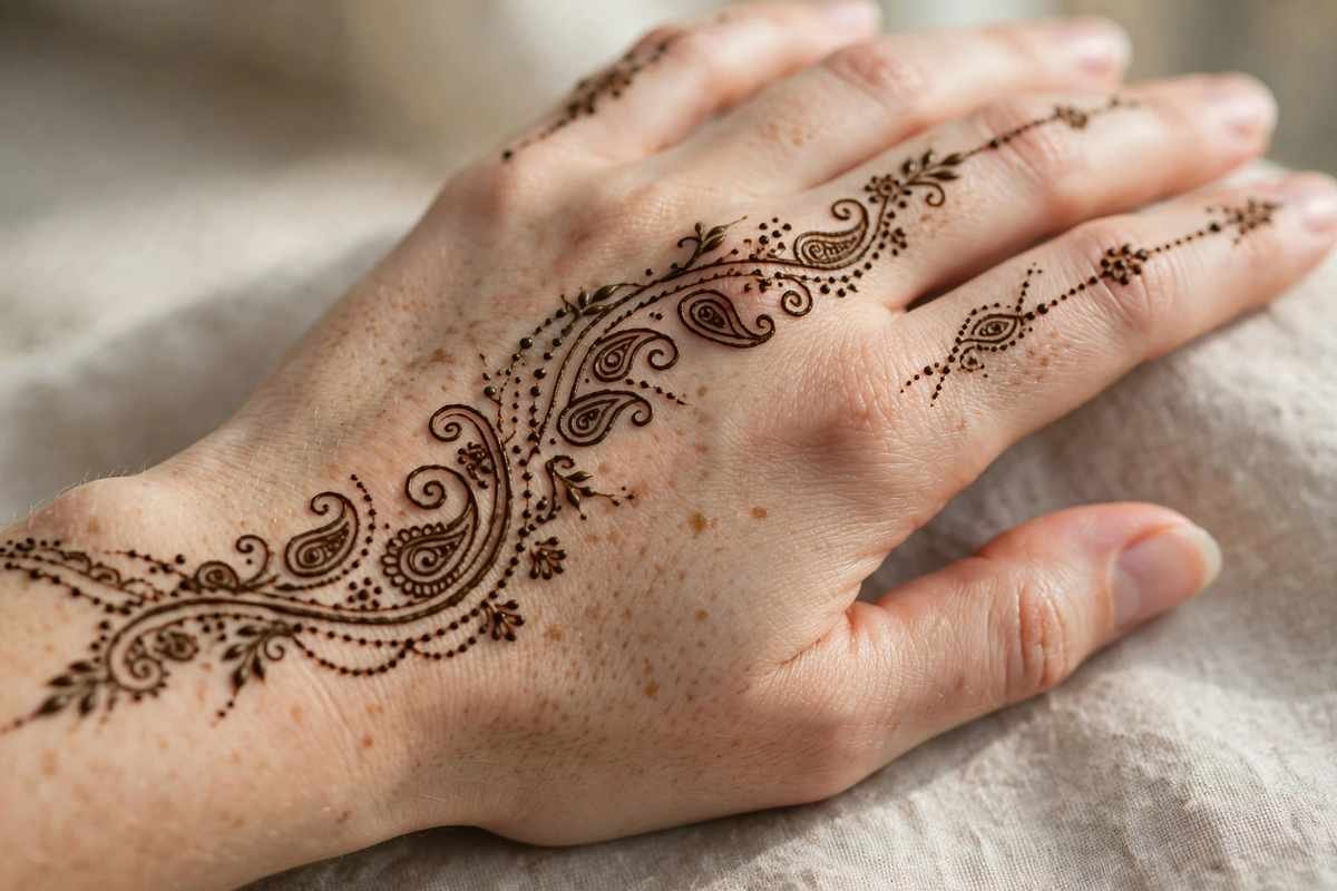 Elegant henna trail design on the back of a hand