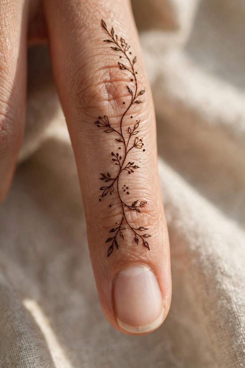 Simple delicate henna vine pattern on a finger