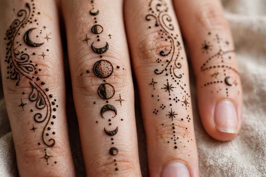 Fingers with small moon phase and star henna designs