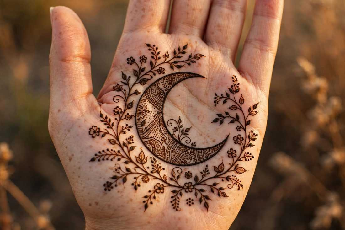 Open palm with large henna crescent moon and floral vines