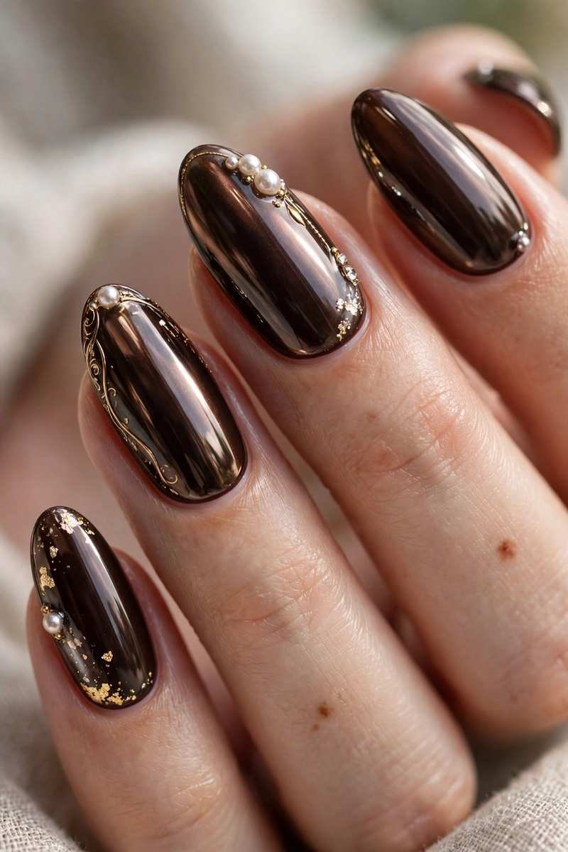 Dark chocolate brown chrome metallic nails