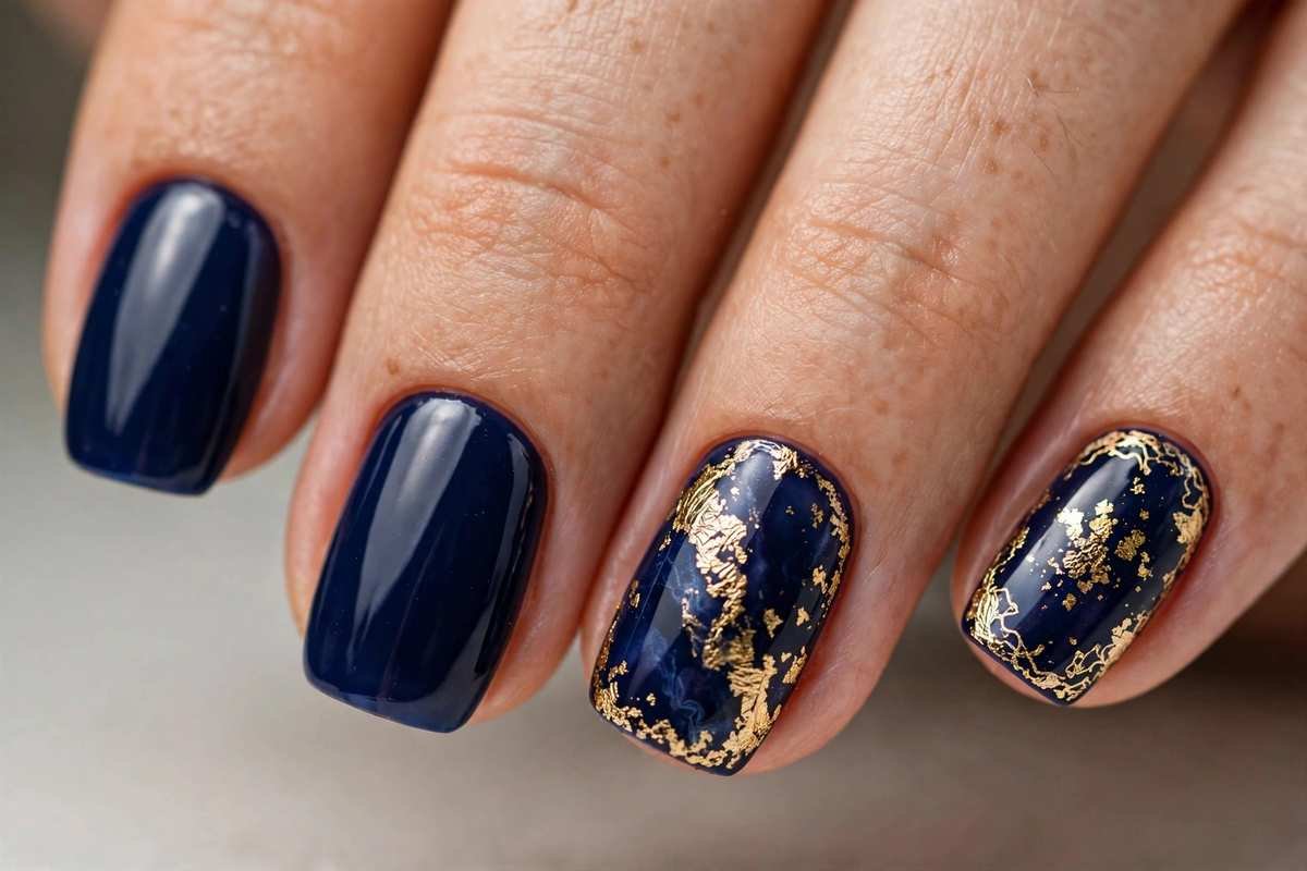 Deep navy nails with gold foil accent details