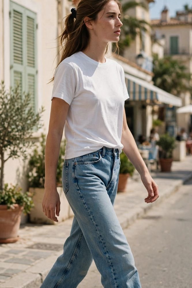 Elegant woman in relaxed bootcut boyfriend jeans and a simple white top walking on a sunny vacation street.