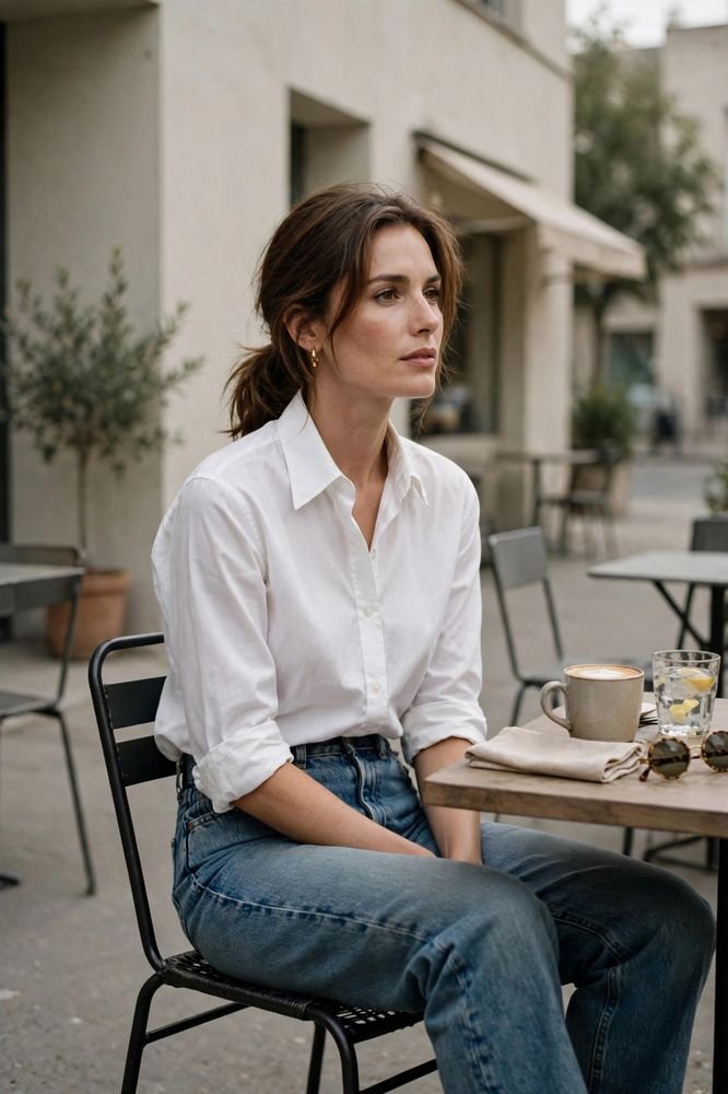 Woman in bootcut boyfriend jeans and a tucked-in shirt sitting at an outdoor cafe in 90s minimalist style.