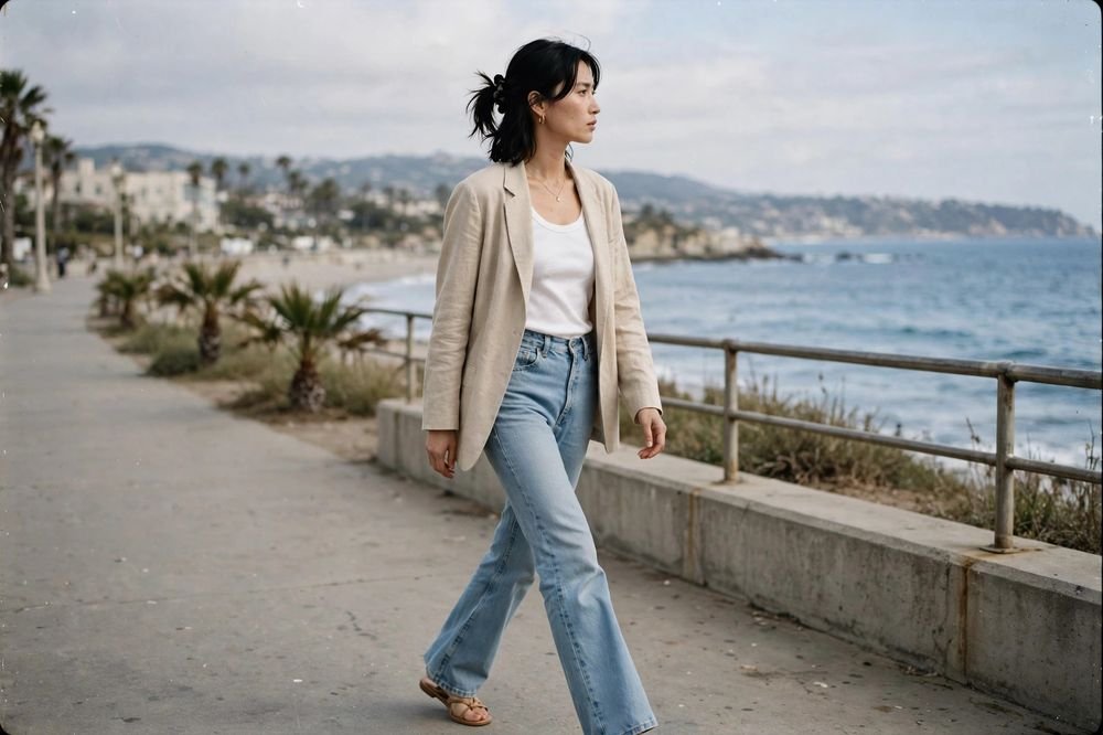 Woman in light-wash bootcut jeans and simple sandals walking along a coastal promenade.