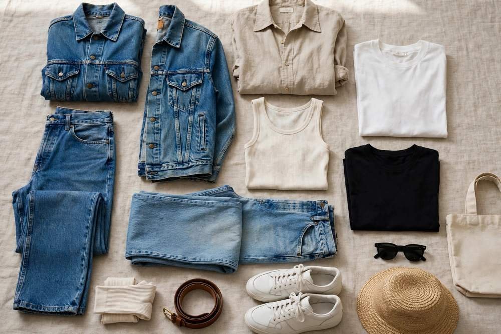 Relaxed vacation denim capsule wardrobe with jeans and neutral tops laid out flat.