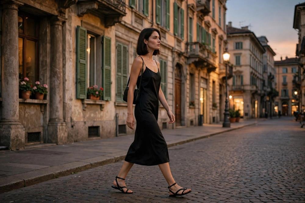 Woman in a simple black slip dress and strappy sandals on an evening walk in Milan