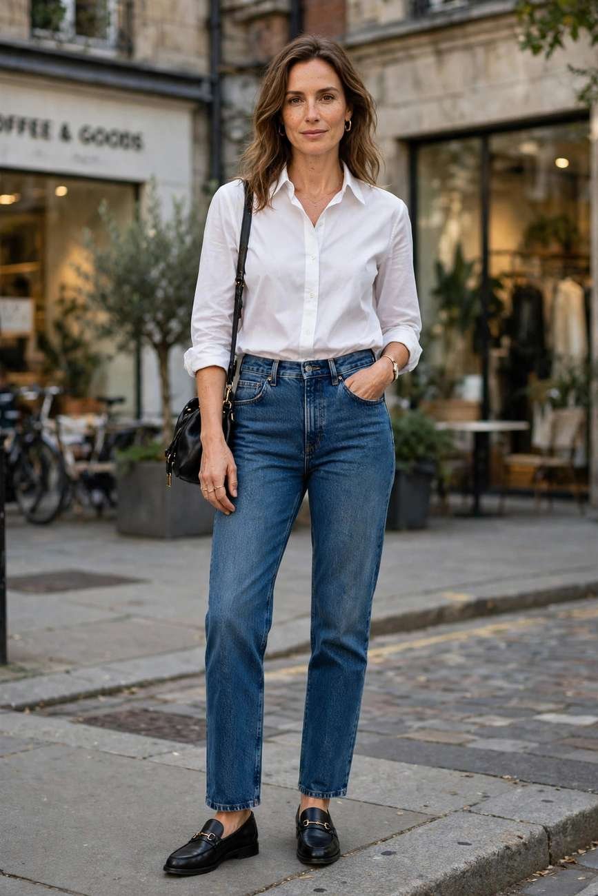 Woman in her 30s wearing straight-leg jeans, a crisp white shirt and loafers in a chic street style outfit