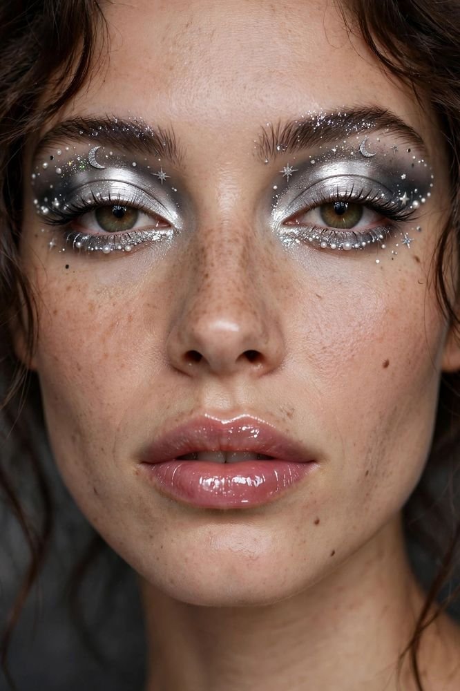 Woman with silver chrome celestial eye makeup and glossy lips in a close-up beauty shot