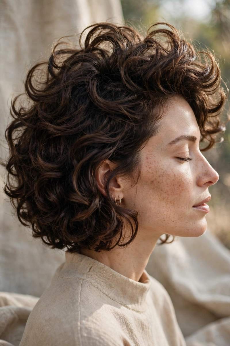 Side profile of a layered curly bob showing volume at the crown