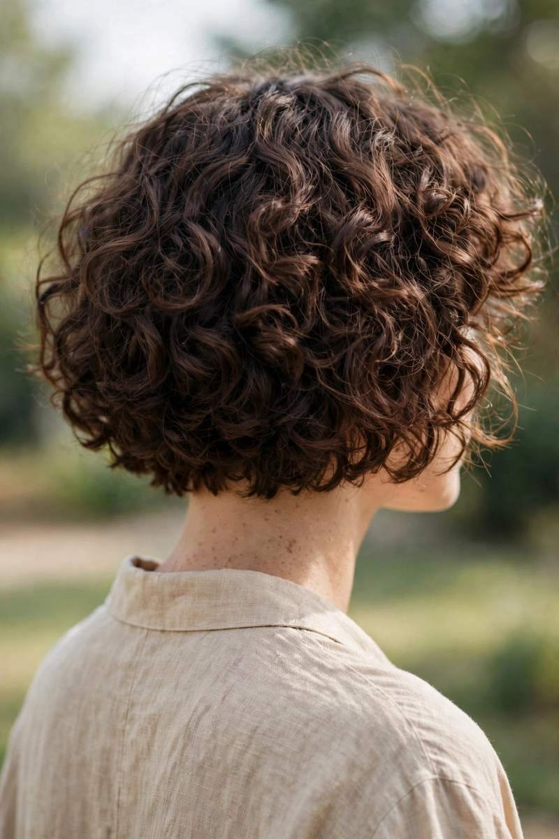 Back view of a short bouncy curly bob with natural texture