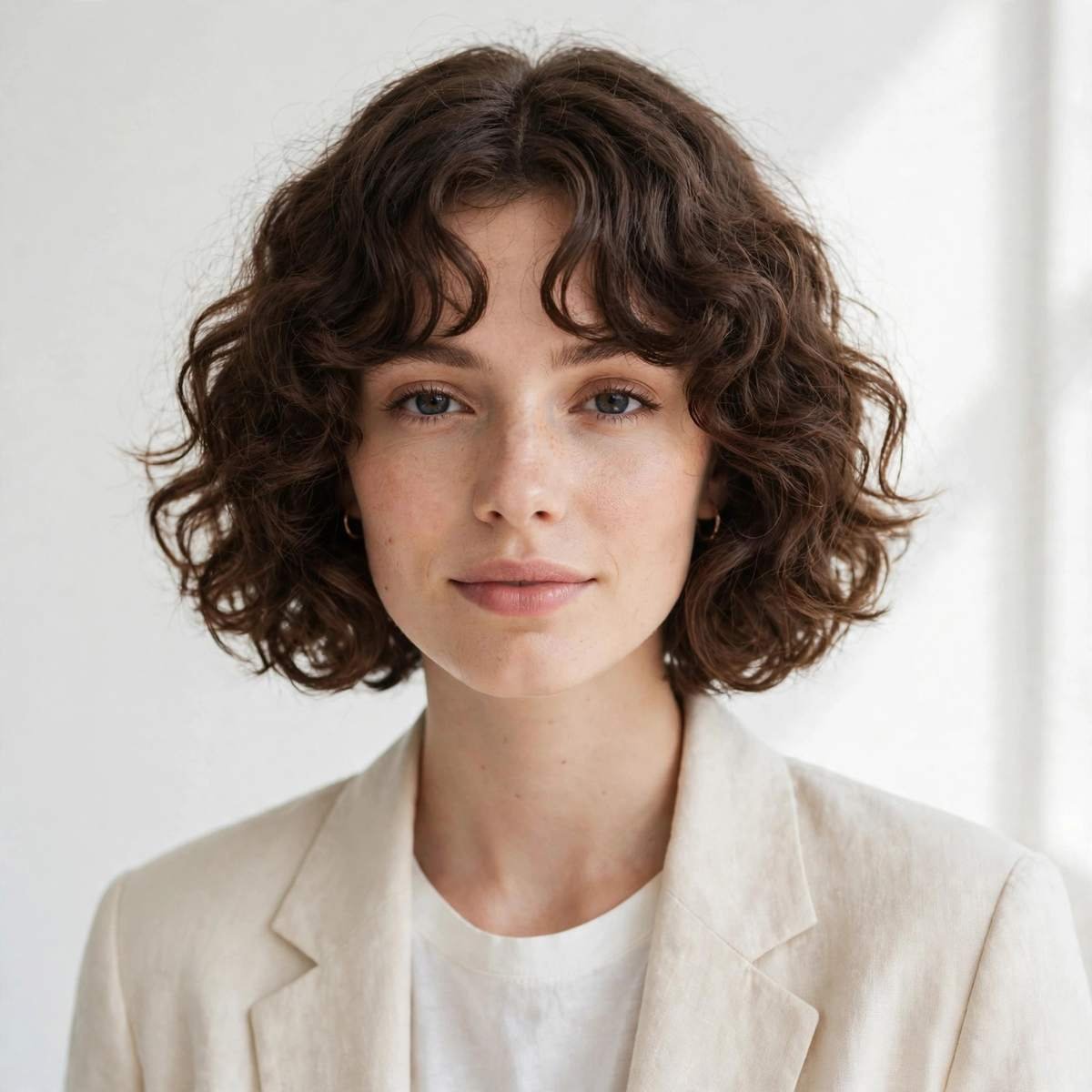 Curly bob with soft curtain bangs in a bright airy studio portrait