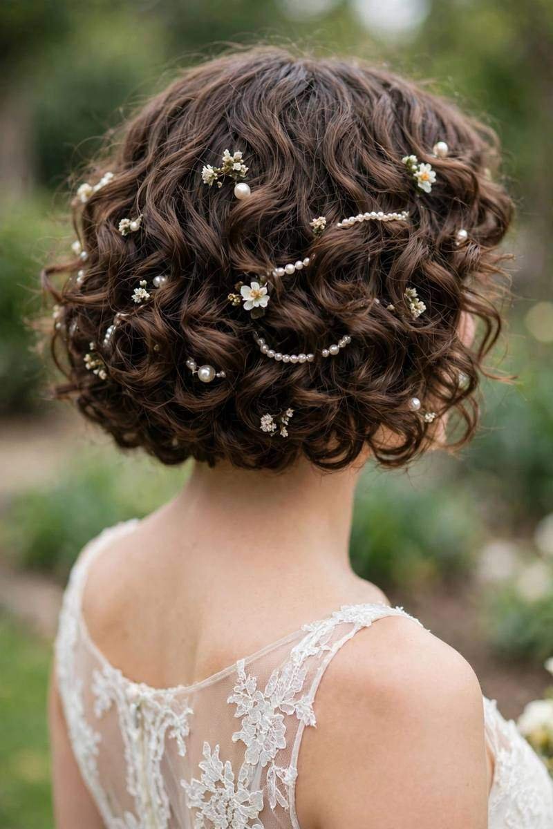Curly bob bridal hairstyle with pearl pins