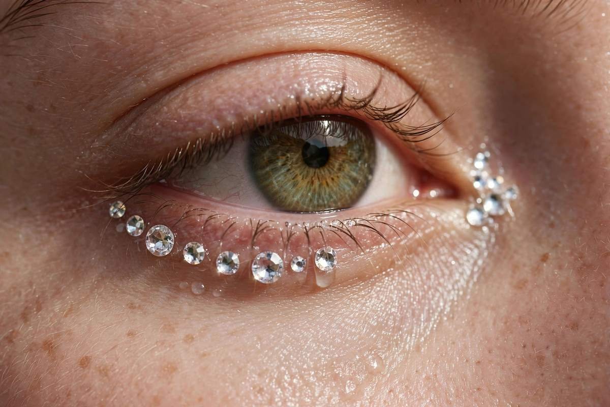 Macro close-up of an eye with small crystal gems at the inner corner and lower lash line on dewy skin
