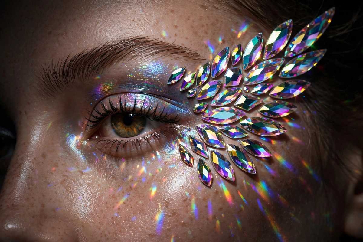 Editorial beauty shot of an eye with holographic face gems in a winged pattern extending toward the temple
