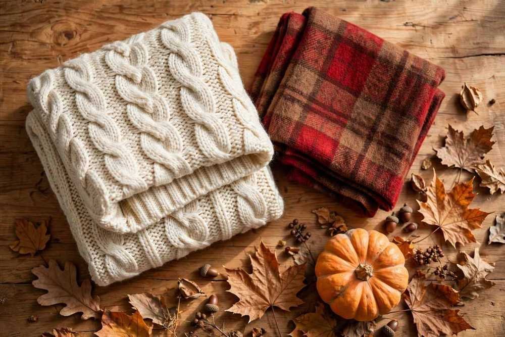 cable-knit sweater and plaid scarf flat lay