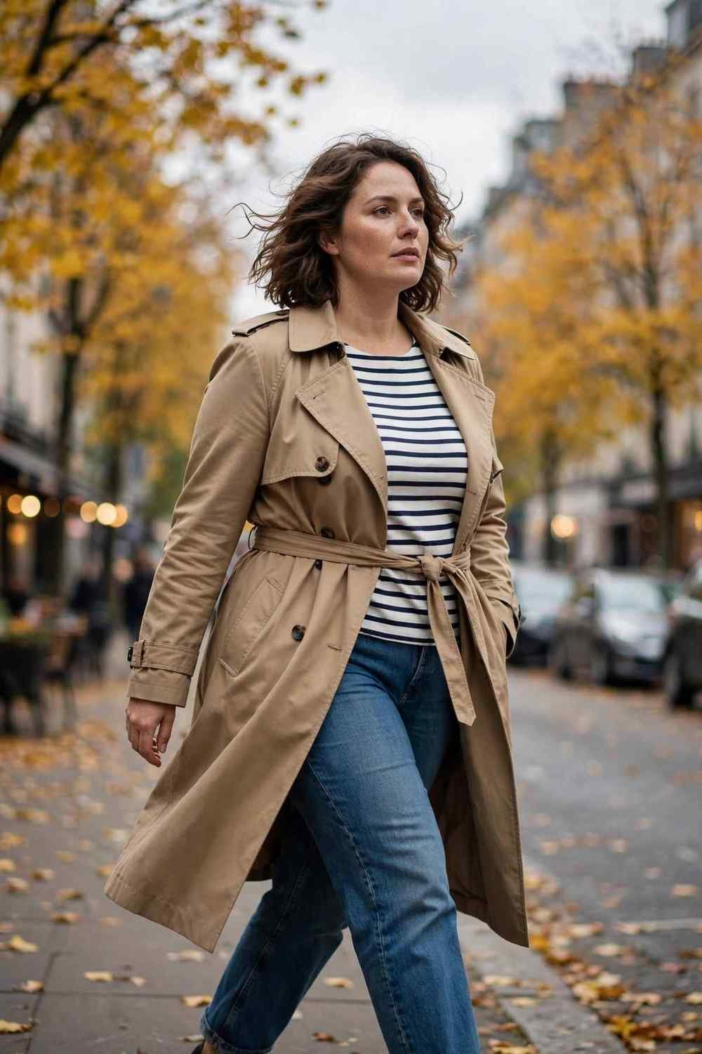 trench coat layered look on midsize woman