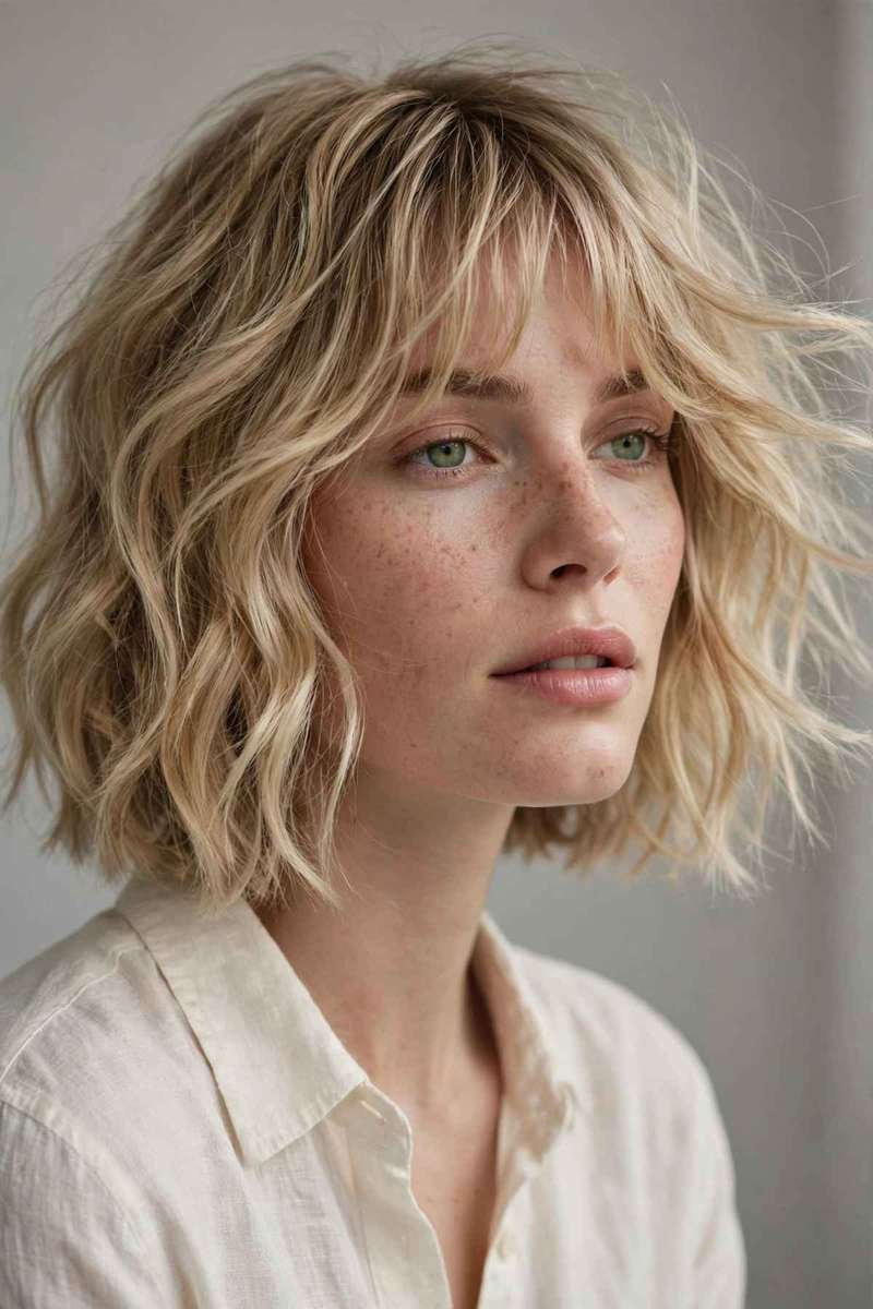 wavy textured bob with bangs