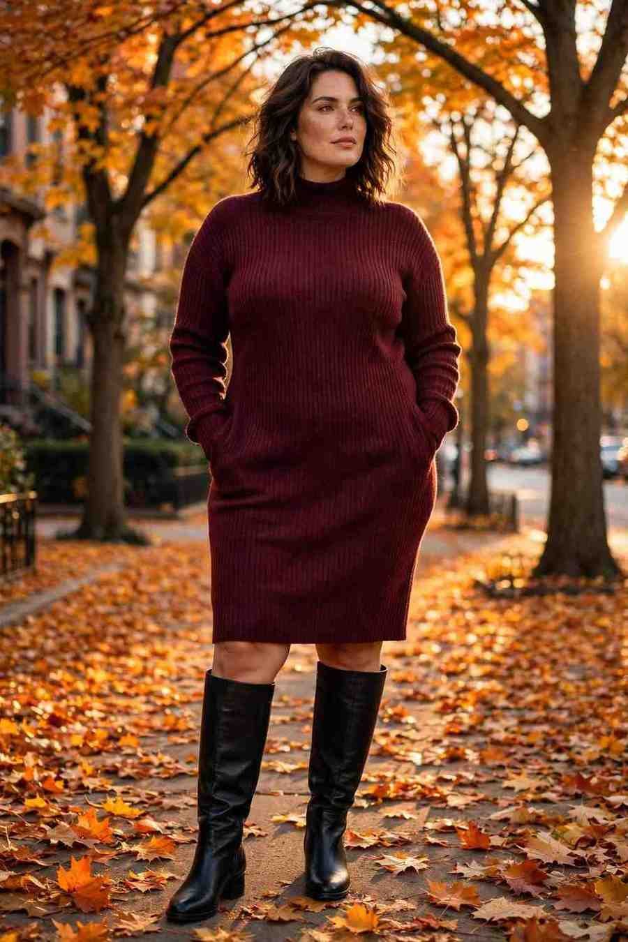 burgundy sweater dress with knee-high boots