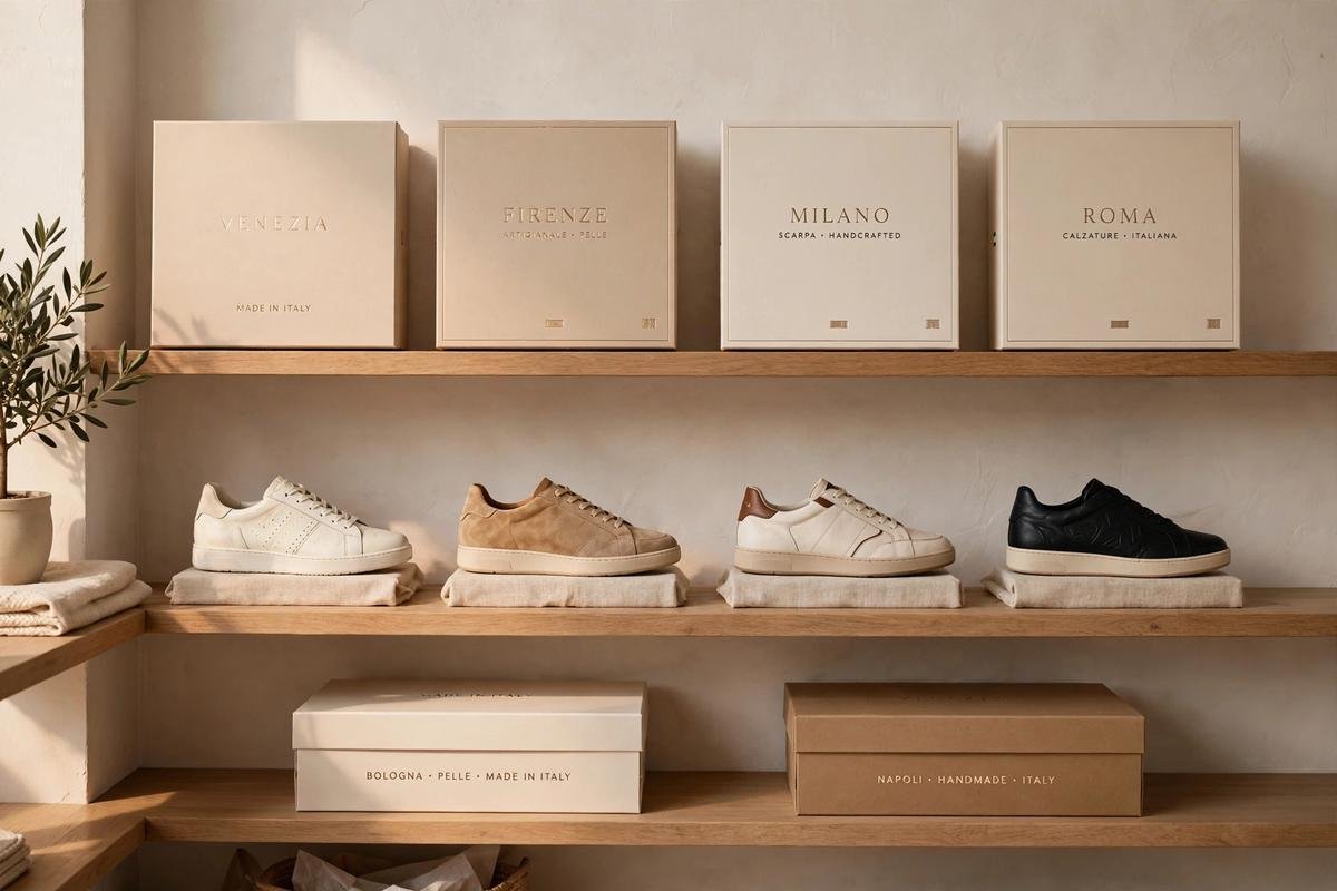 Row of Italian sneaker boxes and sneakers displayed on boutique shelves