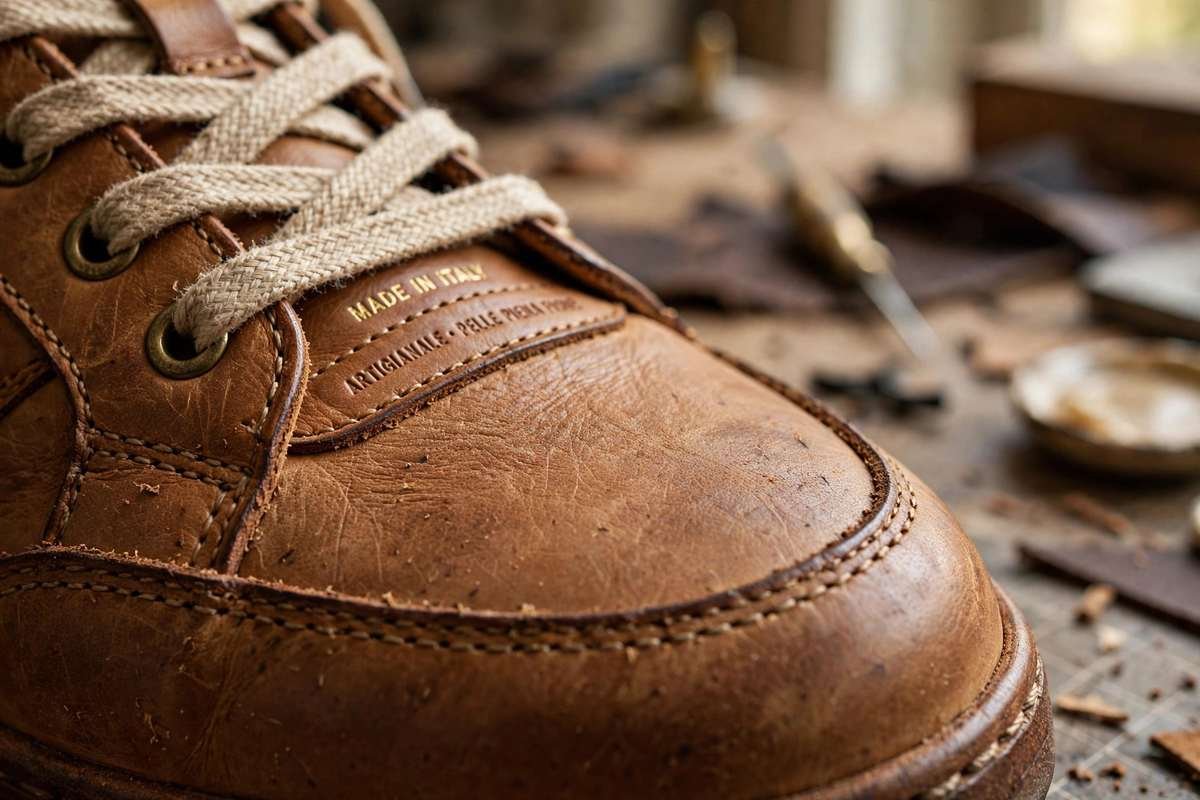 Close-up detail of Italian leather sneaker stitching and craftsmanship