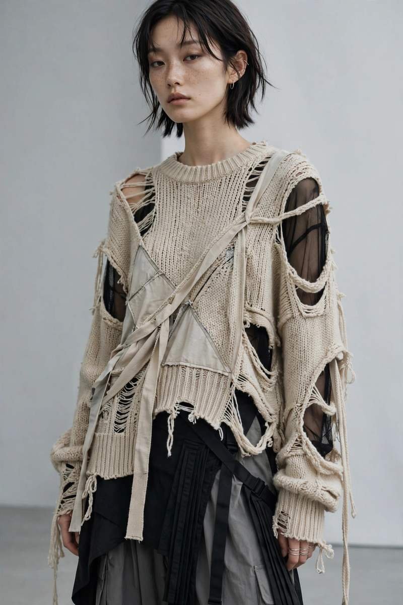 Cute Korean streetwear with pastel knits and a pleated skirt in Seoul