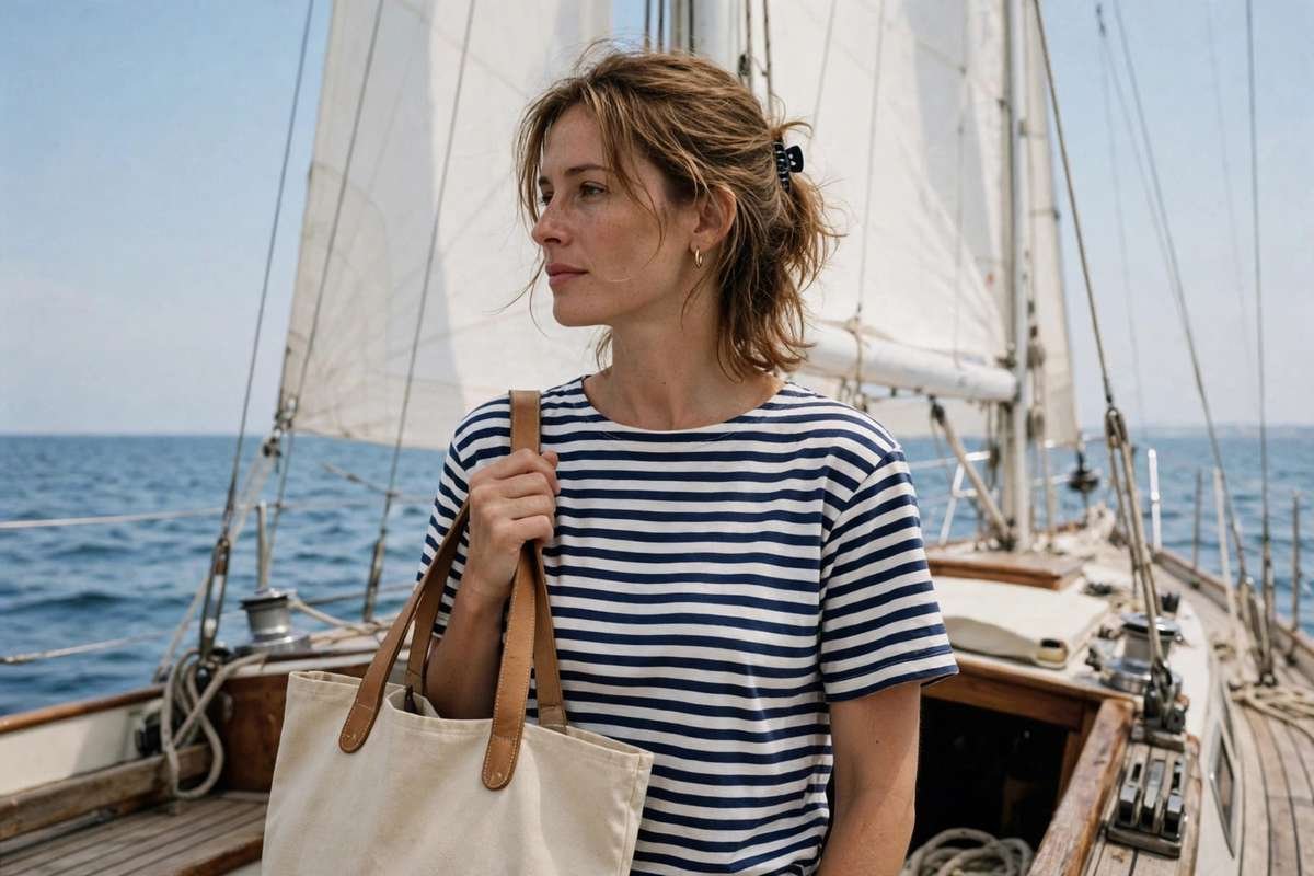Woman in Breton stripes holding a canvas boat tote on a sailboat deck in summer