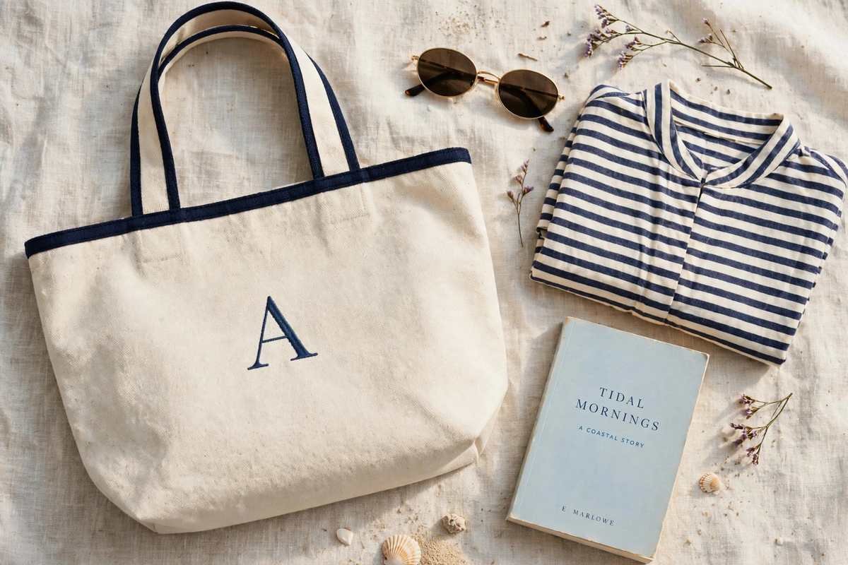 Natural canvas tote with navy trim and monogram beside sunglasses and a striped shirt