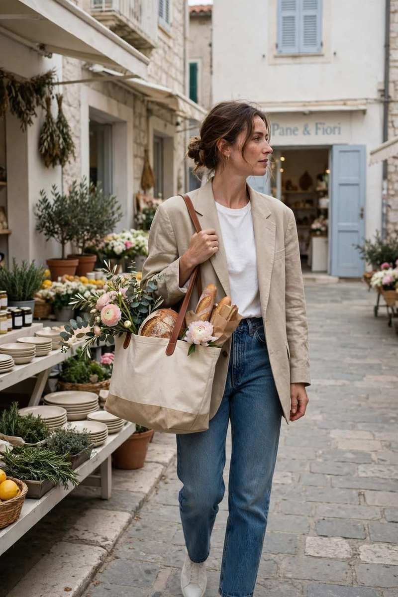 Woman in jeans and a blazer carrying a large canvas boat tote through a coastal town market