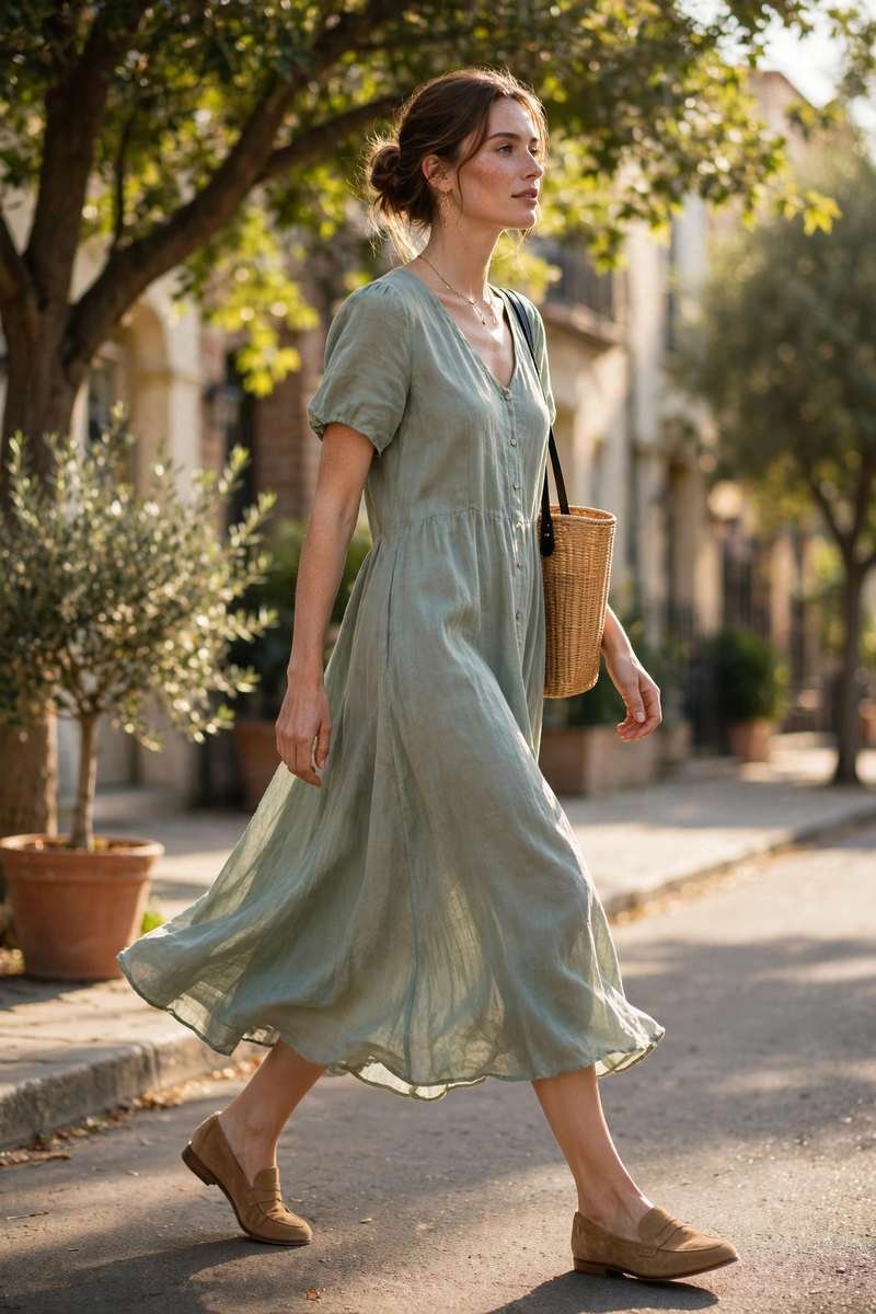 Backless loafer mules styled with a linen summer dress