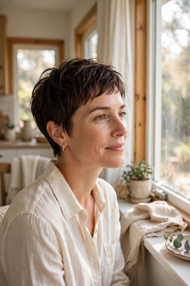 Mom with a wash-and-go short pixie-bob haircut getting ready by a bright window at home