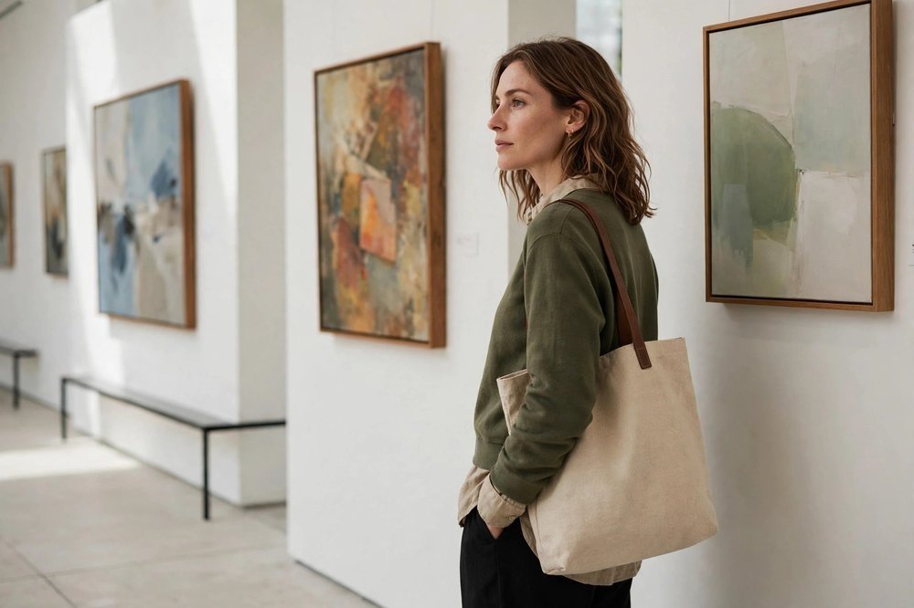 Woman in simple layers carrying a tote bag while viewing paintings in a gallery