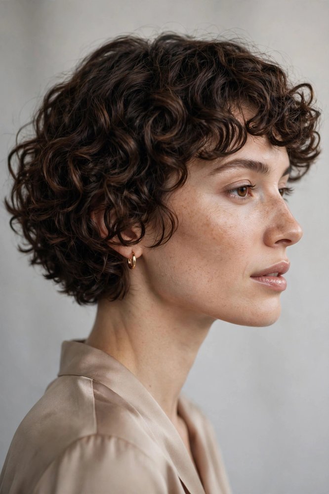 Woman showing a short curly perm bob from the side in soft studio light