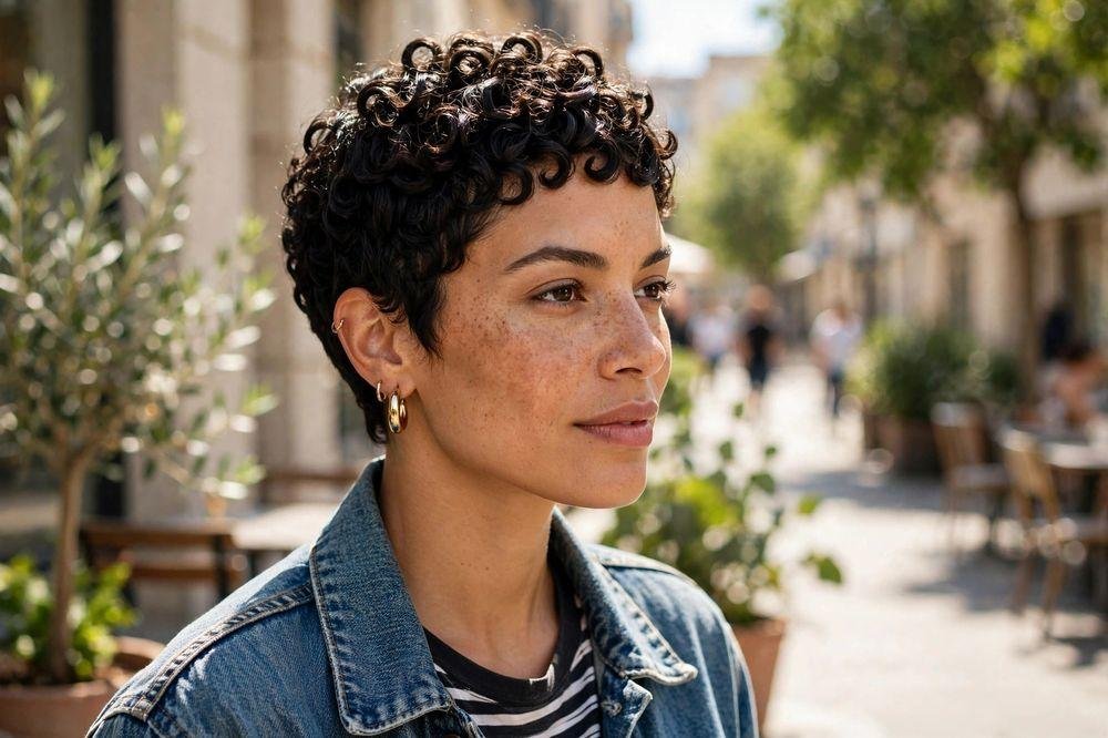 Woman with a short tight-curly perm pixie cut in sunny outdoor street style