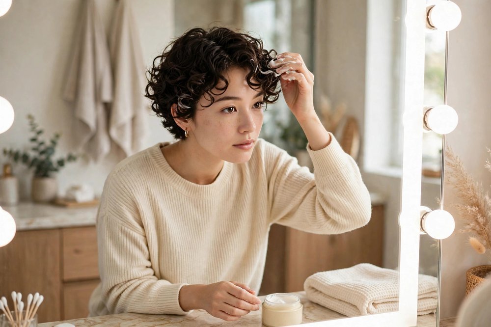 Woman refreshing her short perm curls with styling cream in front of a bright mirror at home