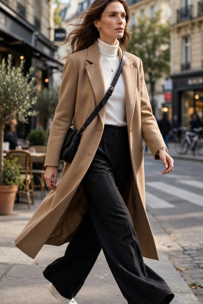 Tall woman in wide-leg trousers and a long coat walking confidently on a city street.