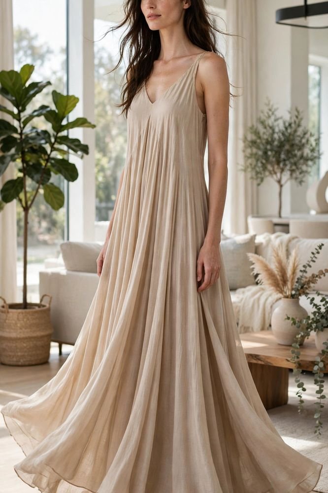 Tall woman in a long flowing maxi dress standing in a bright modern interior.