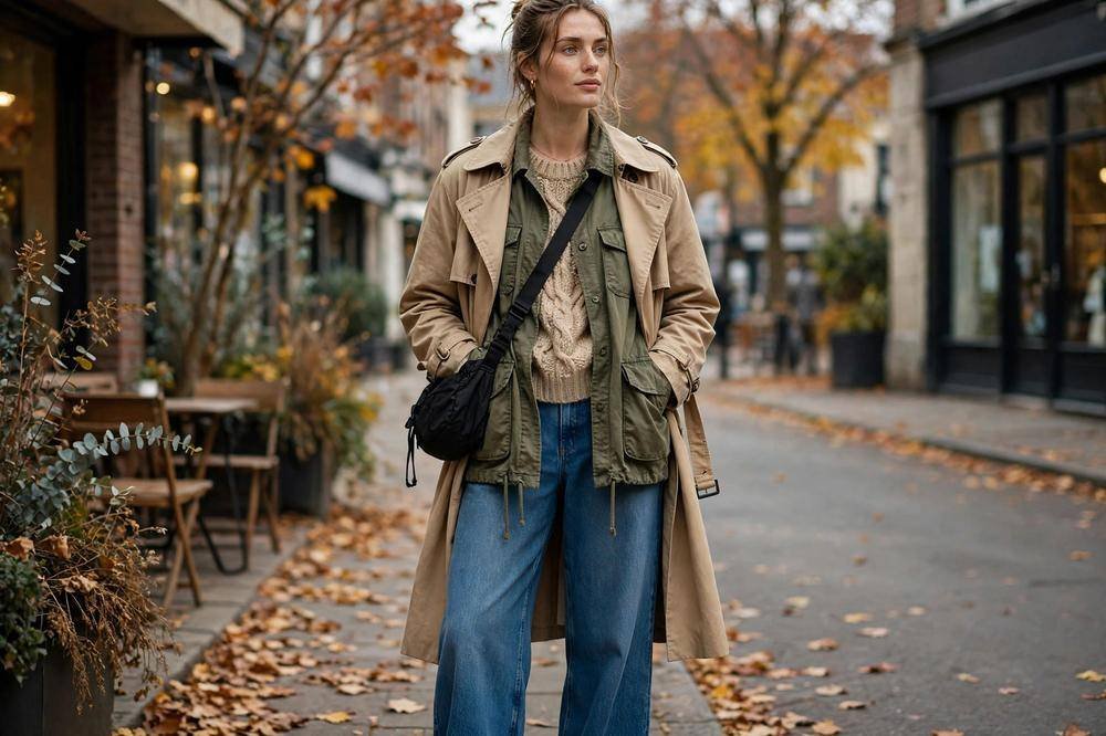 Tall woman in wide-leg jeans and a knit sweater with layered outerwear outdoors.