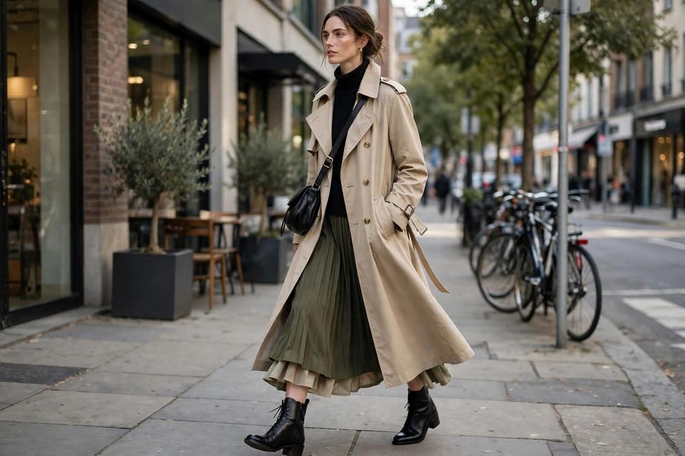 Tall woman in a long layered outfit with a trench coat and ankle boots on a sidewalk.