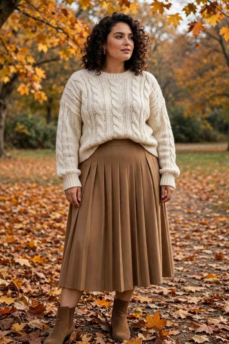 Plus-size woman in a cozy cream knit sweater and pleated midi skirt