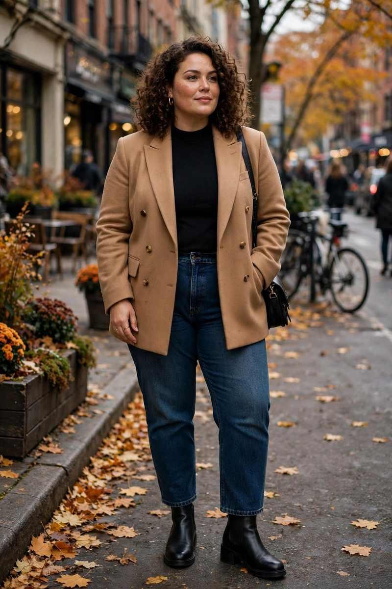 Plus-size woman styling a tailored camel blazer over dark jeans