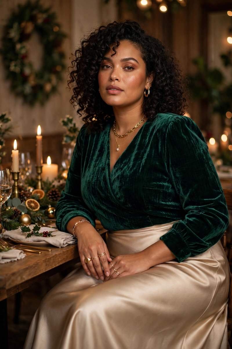 Plus-size woman in a festive velvet top and satin skirt with gold accessories