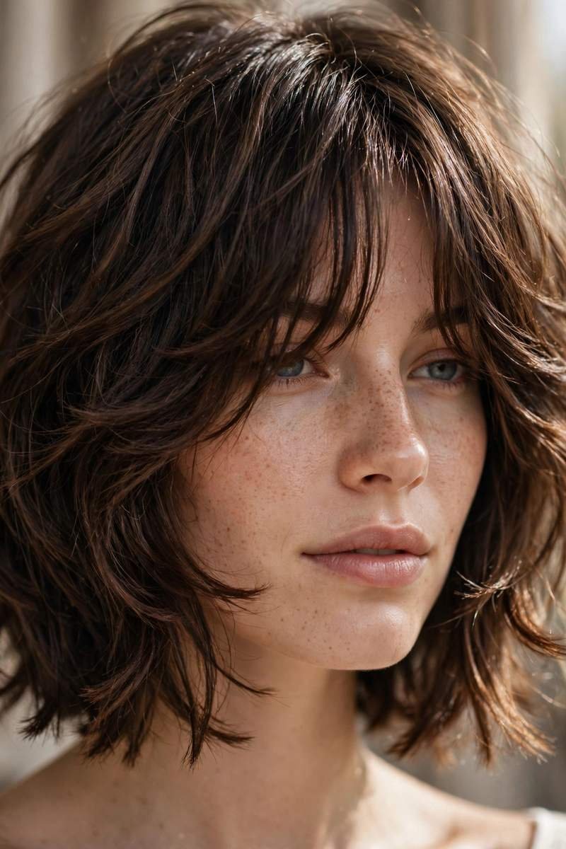 Shaggy layered bob with curtain bangs on thick hair