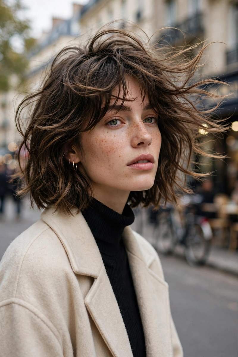 Deep side part shaggy bob with root volume