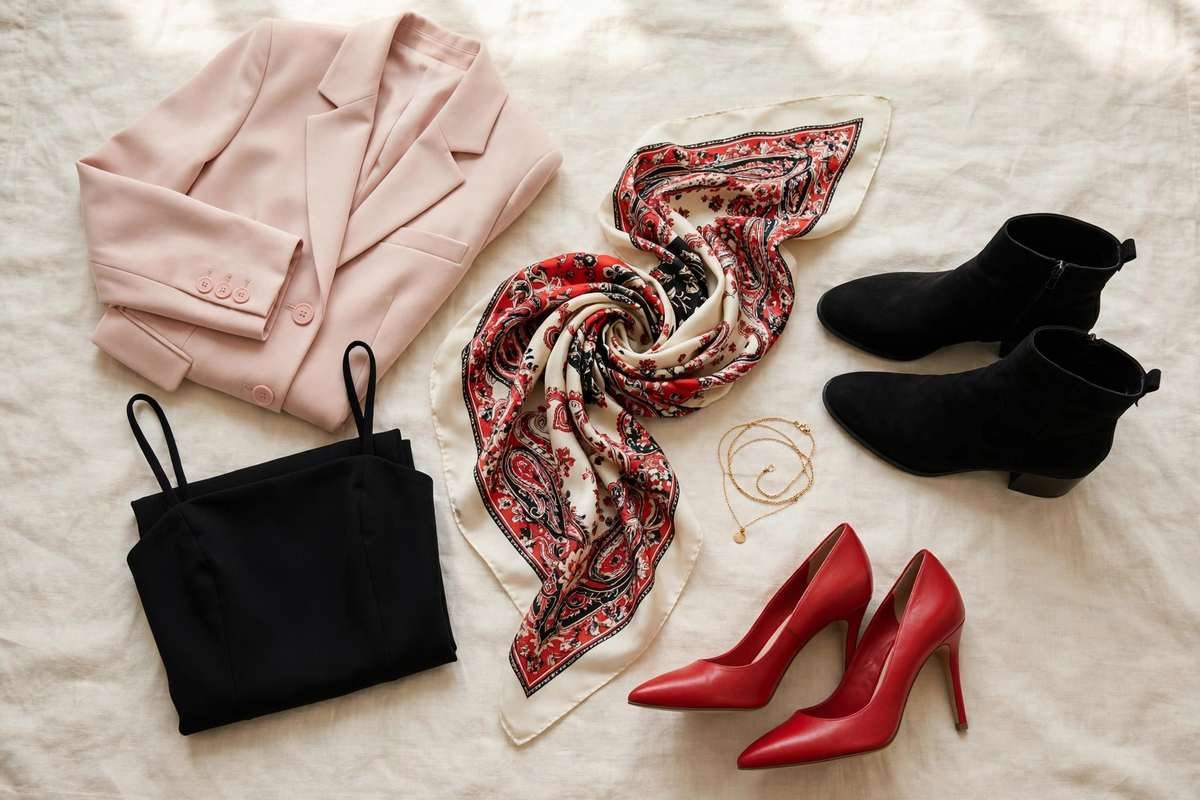 Capsule wardrobe flat lay with blush blazer, black dress, silk scarf and heels in red, black and cream