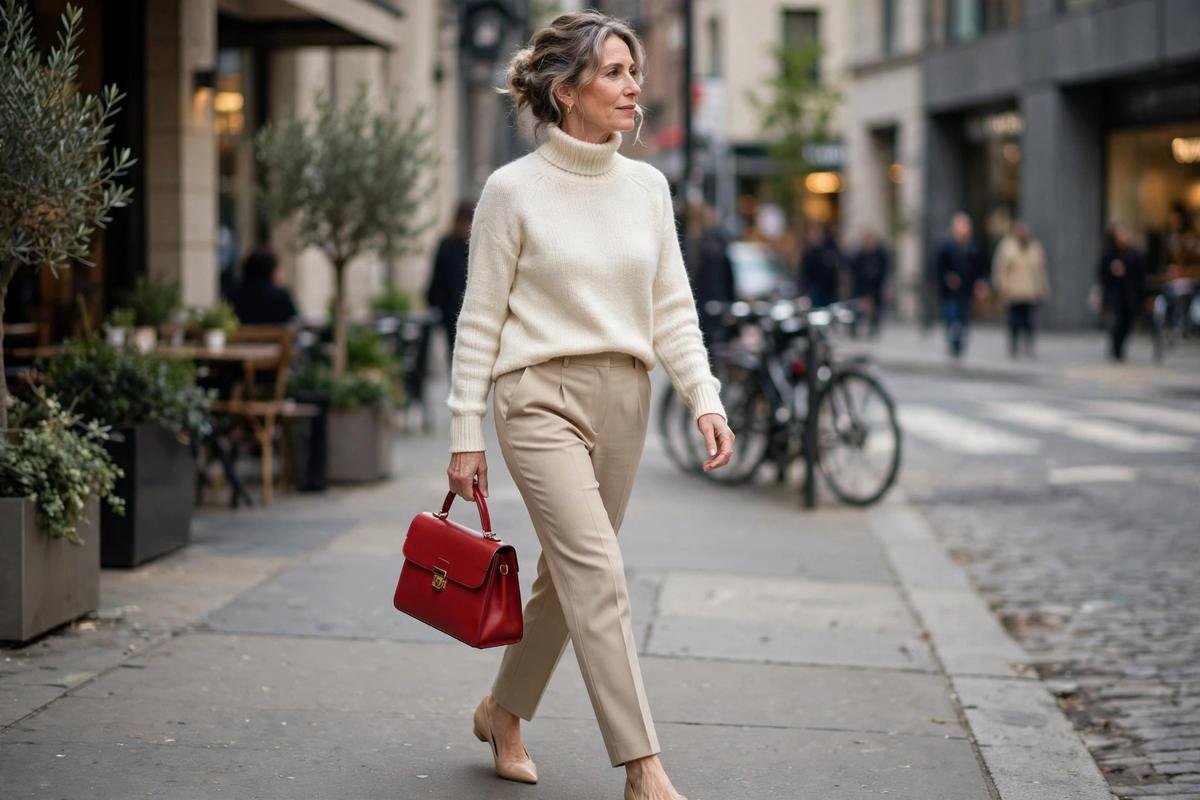 Mature model in cream knit and tailored trousers with red handbag, daytime street style