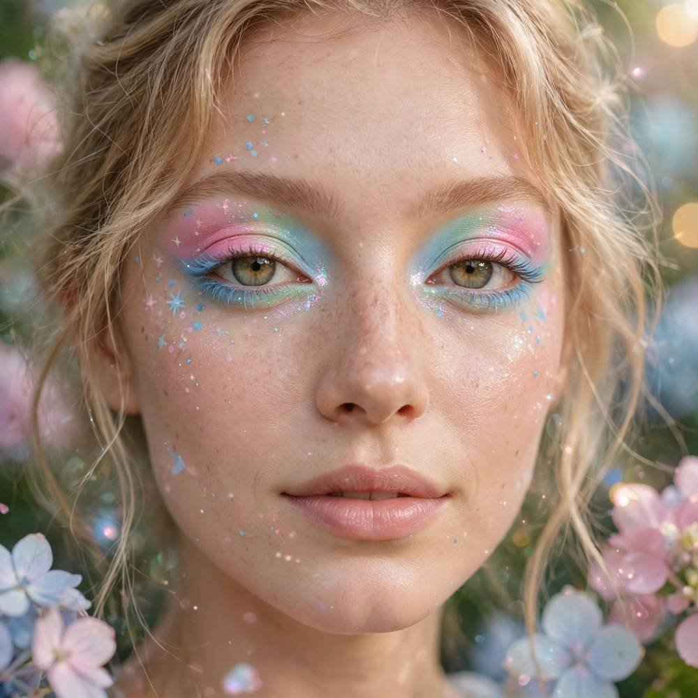 Woman with a soft pastel rainbow eye makeup look in pink, mint and baby blue with a dreamy fairytale finish