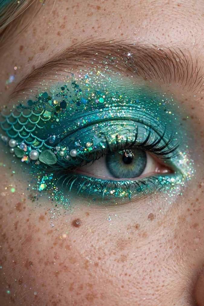 Close-up of teal and sea-green mermaid shimmer eye makeup with sparkling glitter details