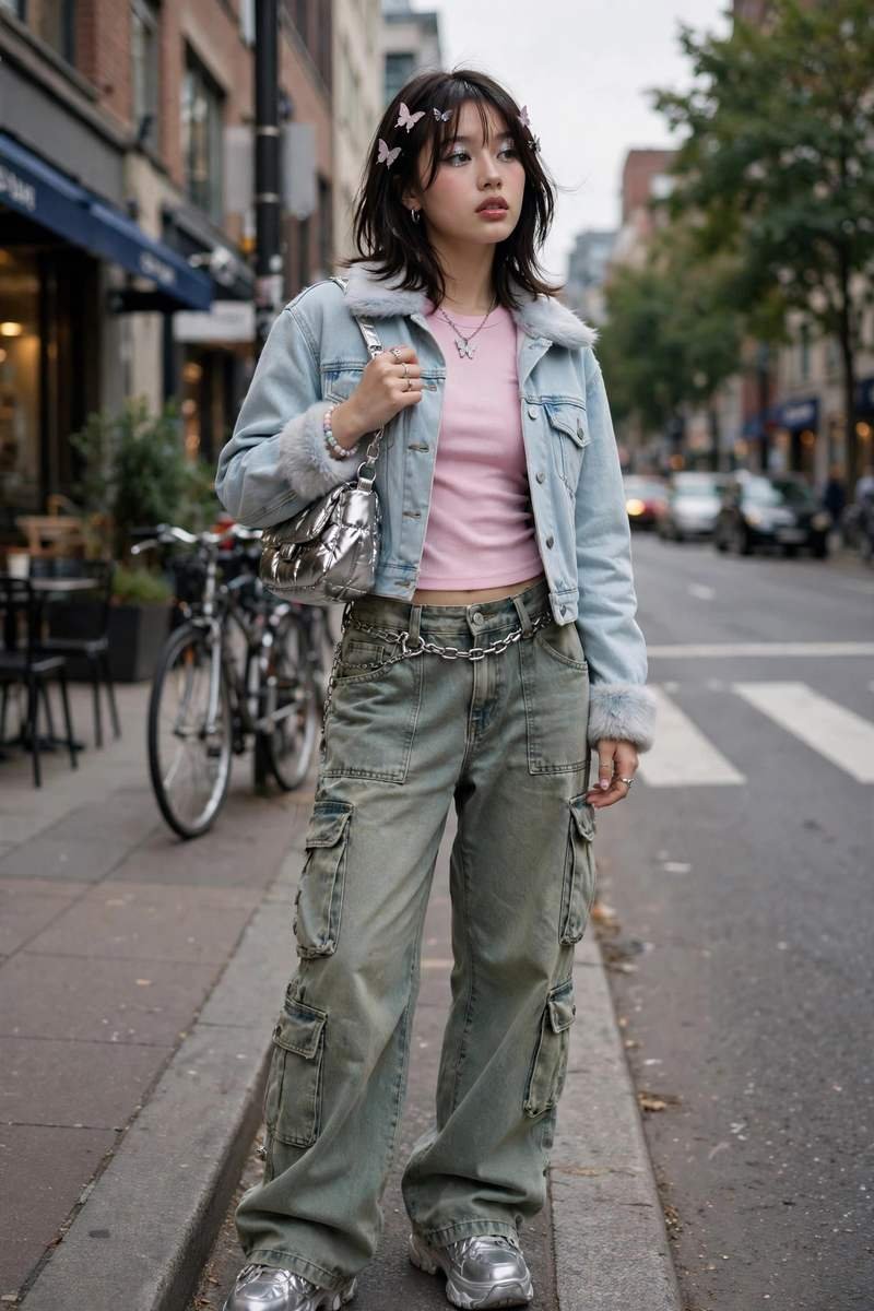 Woman in Y2K streetwear carrying a mini shoulder bag