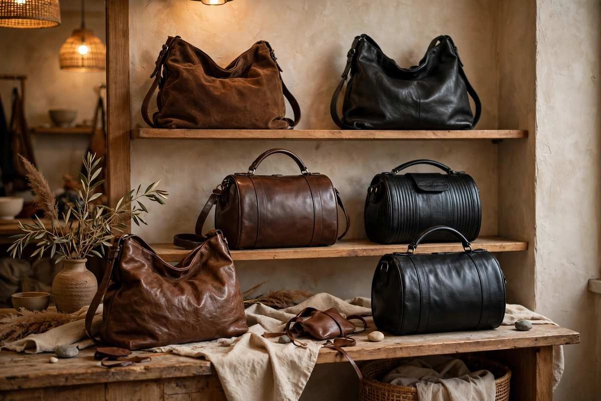 Slouchy hobo bags and barrel bags displayed on boutique shelves